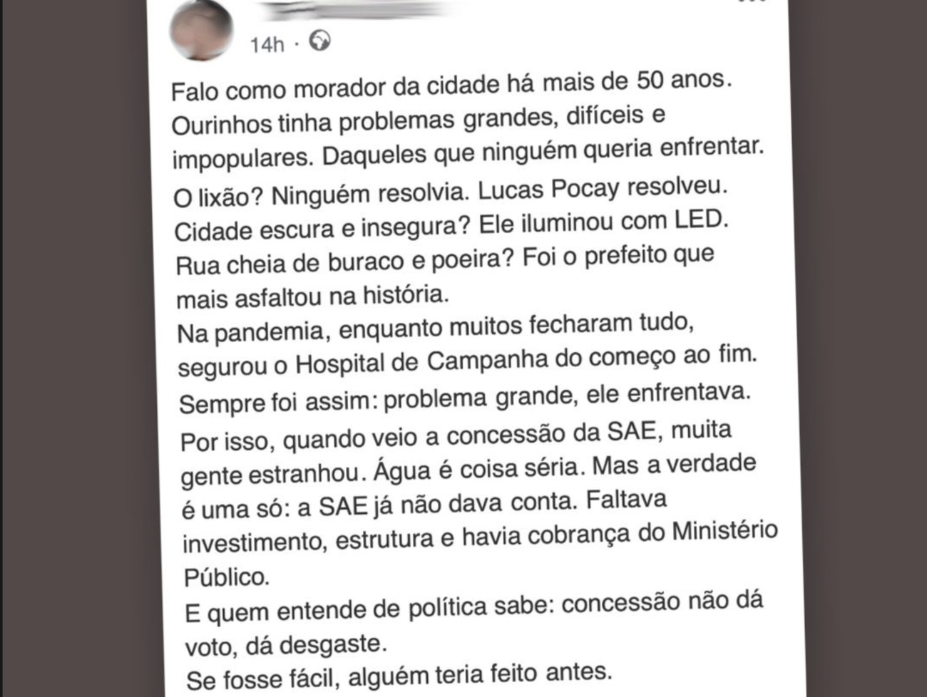 Morador de Ourinhos relembra problemas antigos e defende decisões de Lucas Pocay